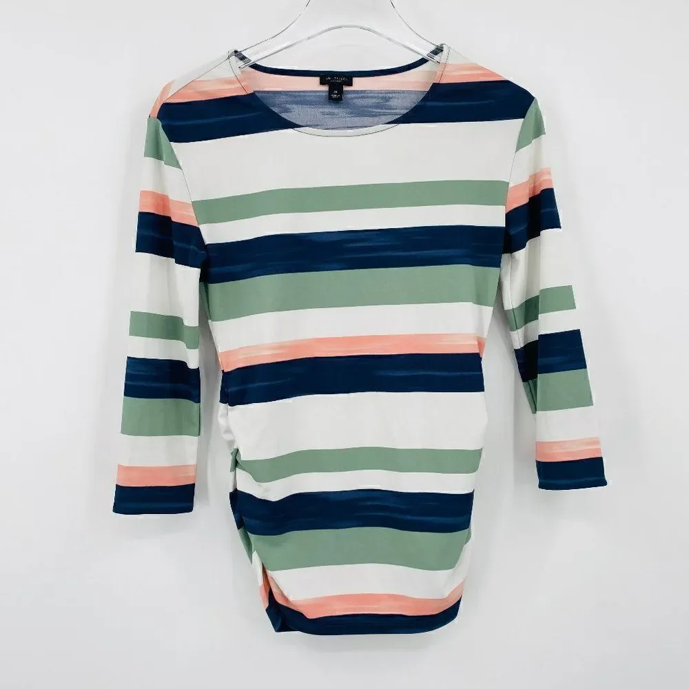 Ann Taylor Size XS Green & Blue Striped 3/4 Sleeve Ruched Side Top